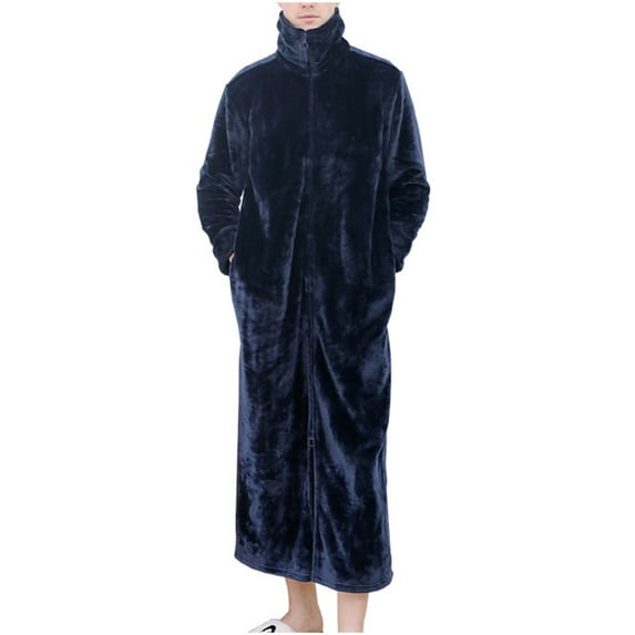jobturf Mens Flannel Fleece Robe Full Zip High Neck Long Sleeve Bathrobes Winter Warm Comfy Long House Coat with Pockets