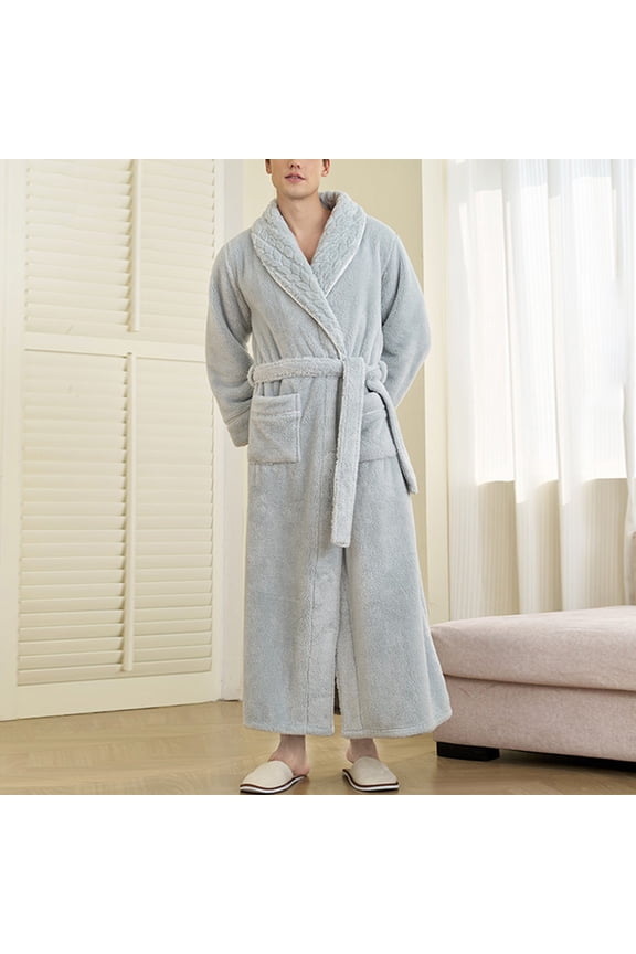 Mens Fleece Robe Plus Size Plush Shawl Collar Long Sleeve Bathrobe Fuzzy Fleeec Soft Winter Warm Spa Robes with Pockets
