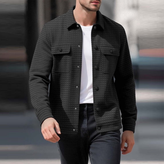 jobturf Mens Jacket Jacquard Button Down Collared Long Sleeve Coats Fall Winter Casual Work Business Outerwear with Flip Pockets