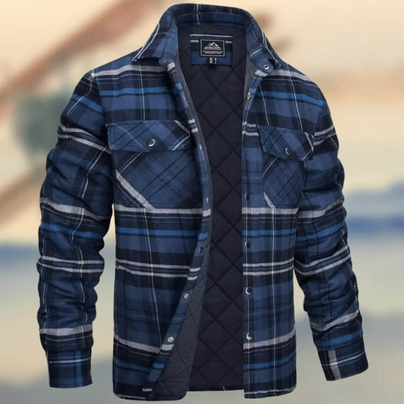 jobturf Mens Jackets Fleece Quilted Lined Plaid Shackets Casual Long Sleeve Button Down Thick Winter Outerwear Coats with Chest Pockets