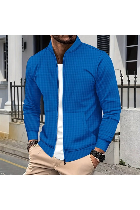 Mens Jackets Waffle Full Zip Mock Neck Long Sleeve Track Jacket Lightweight Casual Outdoor Athletic Warm Outerwear Coats with Pockets