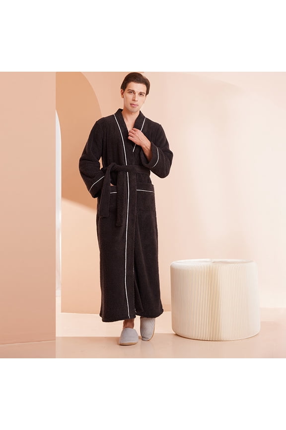 Mens Plush Fleece Robe Terry Cloth Long Sleeve Bathrobe Fuzzy Cozy Warm Long Spa Robes With Pockets