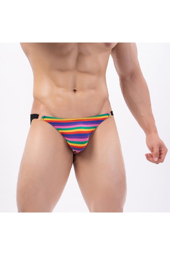 Mens Rainbow Striped Bikini Briefs Metal Ring Low Rise Underwear Soft Breathable Panties for Daily Wear S-XL