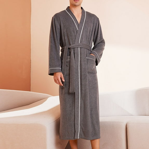 jobturf Mens Robes Collared Terry Cloth Long Sleeve Bathrobe Breathable Soft Long Spa Robes Lightweight Loungewear with Pockets