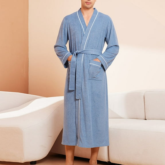 jobturf Mens Robes Collared Terry Cloth Long Sleeve Bathrobe Breathable Soft Long Spa Robes Lightweight Loungewear with Pockets