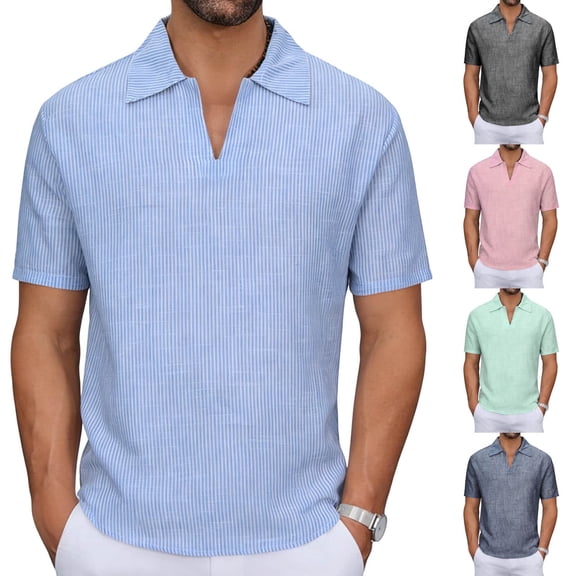 jobturf Mens Shirts Dressy Casual V Neck Collared Striped Blouses Summer Trendy Short Sleeve Pullover Business Work Office Tops S-XXL