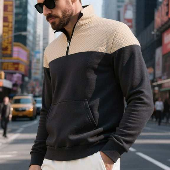 jobturf Mens Sweatshirt Quarter Zip Color Block Long Sleeve Pullover Tops Fall Winter Casual Stand Collar Fleece Golf Sweatshirts with Pocket