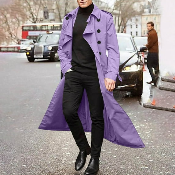 jobturf Mens Trench Coat Notched Lapel Double Breasted Long Jacket Casual Fall Winter Classic Overcoat Belted Windbreaker Regular Fit Pea Coat