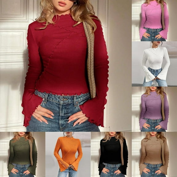 jobturf Mock Neck Tops for Women Cute Lettuce Trim Bell Sleeve T Shirts Stretchy Slim Fitted Basic Tees Fall Spring Fashion Y2k Long Sleeve Blouses