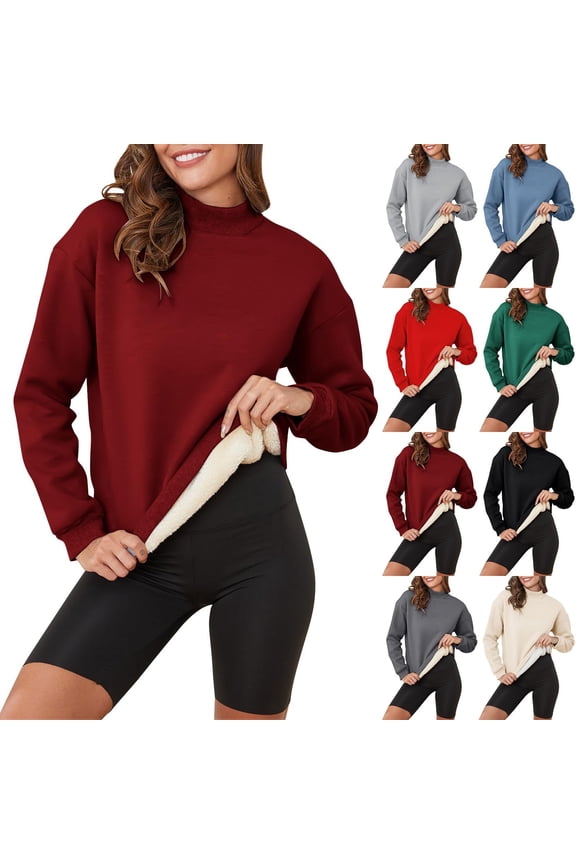 Mock Neck Tops for Women Thickened Warm Fleece Lined Sweatshirt Fall Winter Trendy Blouses Soft Comfy Warm Long Sleeve Shirts