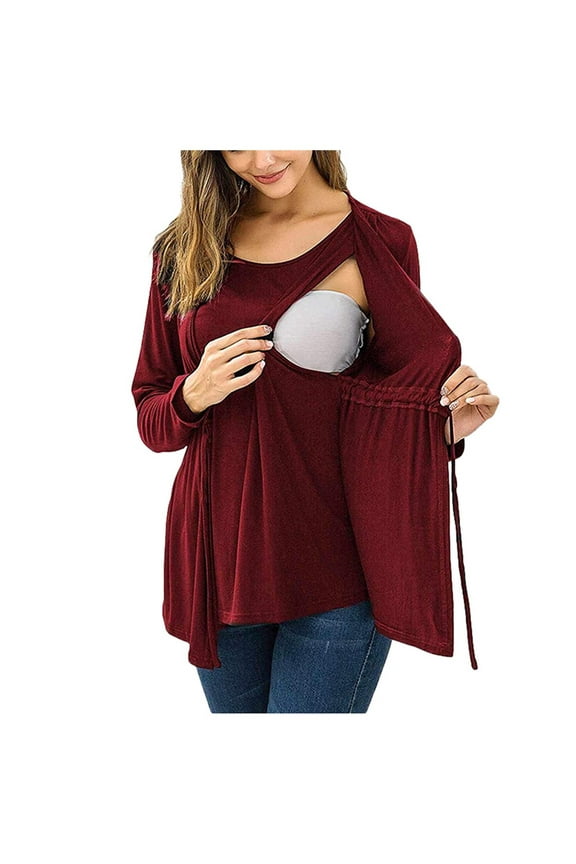 Nursing Shirts for Breastfeeding Trendy Pleated Tunic Tops Loose Convenient Long Sleeve Blouses Maternity Clothes for Women S-XXL