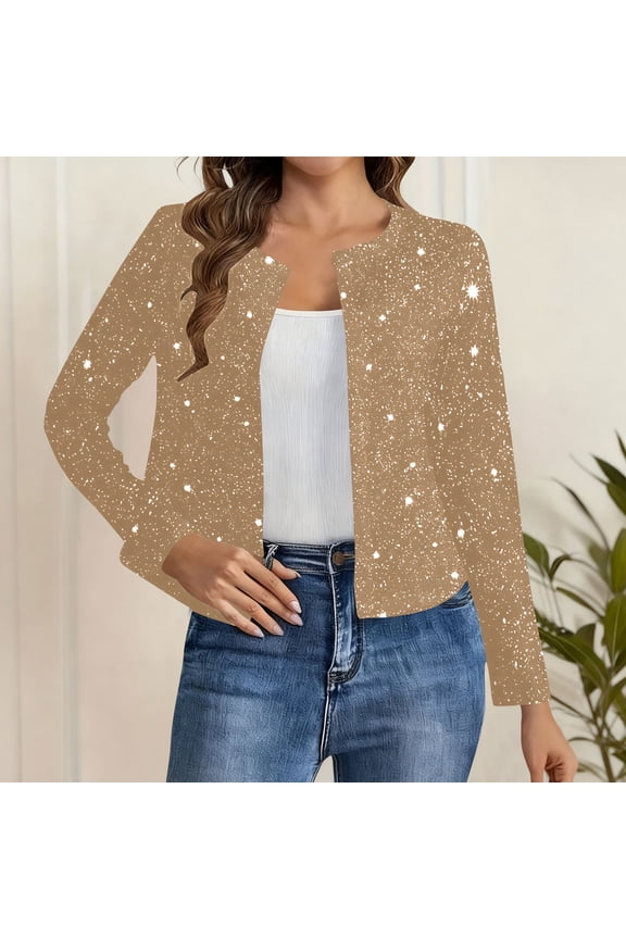 Open Front Cardigan for Women Holiday Party Club Sparkly Cropped Jacket Dressy Casual Long Sleeve Going Out Tops Glitter Collarless Shrug Coats
