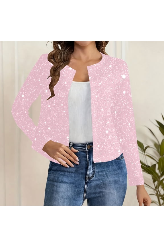 Open Front Cardigan for Women Holiday Party Club Sparkly Cropped Jacket Dressy Casual Long Sleeve Going Out Tops Glitter Collarless Shrug Coats