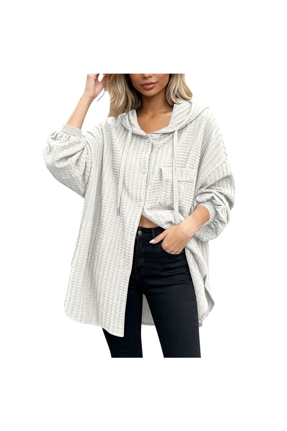 Oversized Cardigans for Women Waffle Knit Hooded Shirt Jacket Button Down Long Sleeve Shacket Spring Fall Cardigan with Pocket S-XL