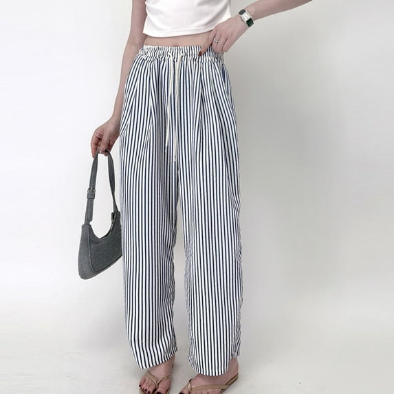 jobturf Pajama Pants Women Cotton Striped Elastic Waist Drawstring Wide Leg Trousers with Pockets Loose Fit Casual Pjs Bottoms Comfy Vacation Clothes