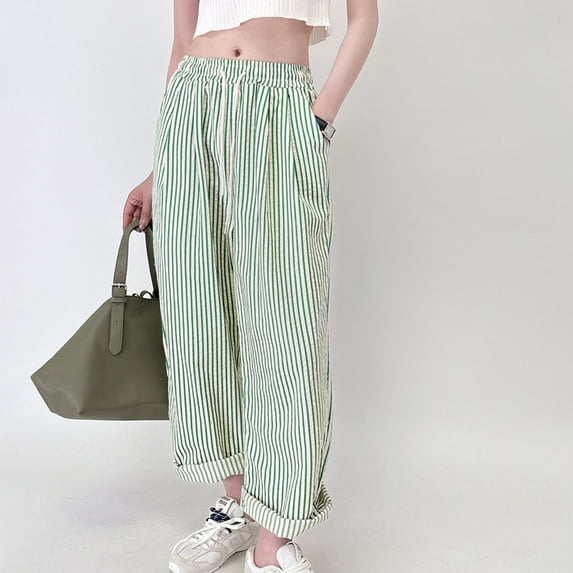 jobturf Pajama Pants Women Cotton Striped Elastic Waist Drawstring Wide Leg Trousers with Pockets Loose Fit Casual Pjs Bottoms Comfy Vacation Clothes
