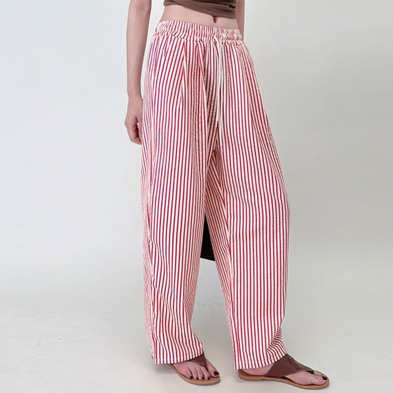 jobturf Pajama Pants Women Cotton Striped Elastic Waist Drawstring Wide Leg Trousers with Pockets Loose Fit Casual Pjs Bottoms Comfy Vacation Clothes