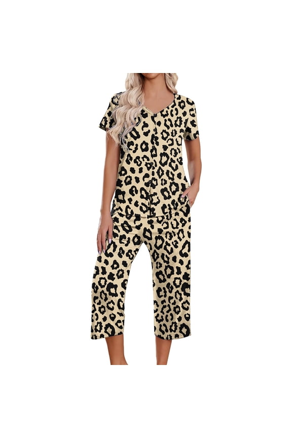 Pajama Sets for Women Leopard Printed Short Sleeve Sleepwear Crew Neck Top Capri Pants 2 Piece Comfy Loose Ruffle Hem Pjs Lounge Matching Sets 2024