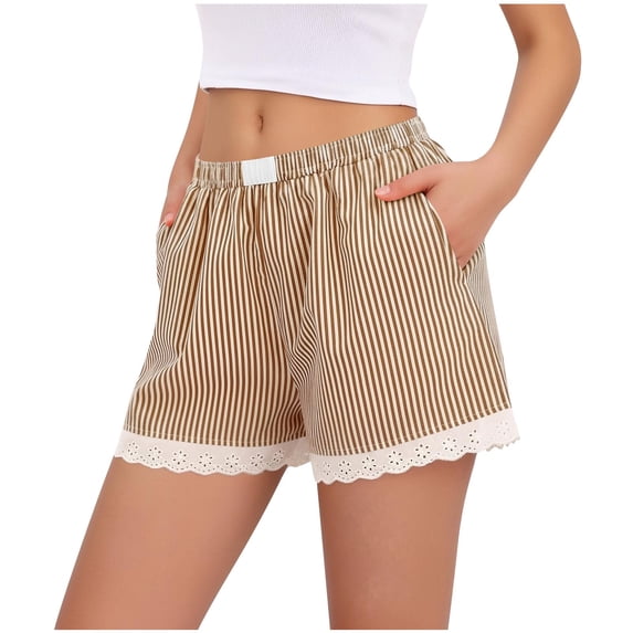 jobturf Pajama Shorts for Women Trendy Lace Trim Striped Sweatpants Athletic Workout Trousers Casual Loose Summer Pants with Pockets S-XXL