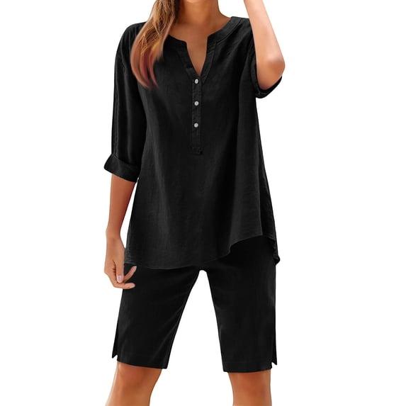 jobturf Pajamas for Women Set 3/4 Sleeve Top and Side Slit Pajama Shorts 2 Piece Sets Casual Lounge Sets Soft Sleepwear S-2XL