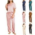 thumbnail image 1 of jobturf Pajamas for Women Set Short Sleeve V Neck T Shirts and Pajama Pants 2 Piece Summer Outfits Trendy Loose Lounge Sets S-2XL, 1 of 7