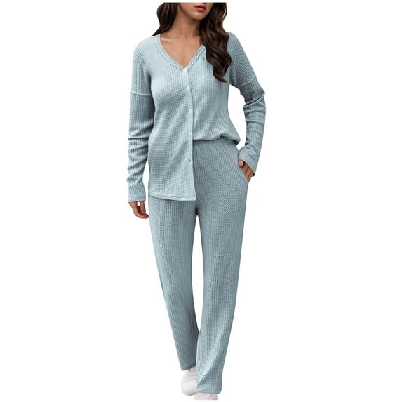 jobturf Pajamas for Women Set Waffle Kint 2 Piece Pjs Outfits Long Sleeve Button Down Shirts Long Pants with Pockets Casual Vacation Clothes