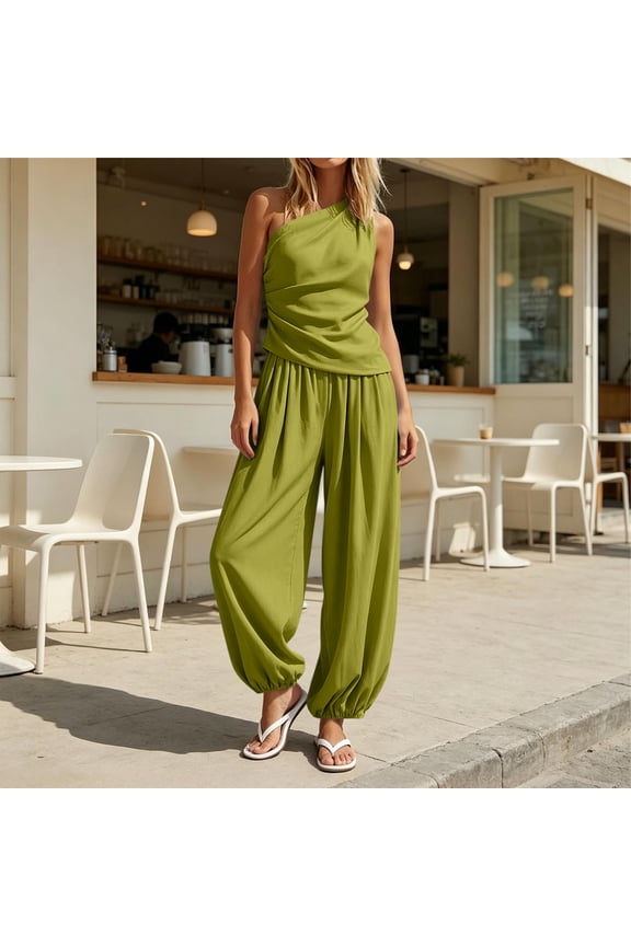 Pant Sets Women 2 Piece Outfits Ruched One Shoulder Top Matching Harem Pants with Pockets Summer Vacation Lounge Set S-3XL