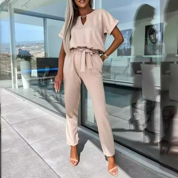 jobturf Pant Suits for Women 2 Piece Dressy Casual Short Sleeve Shirts with Straight Leg Pants with Belt Business Work Outfit