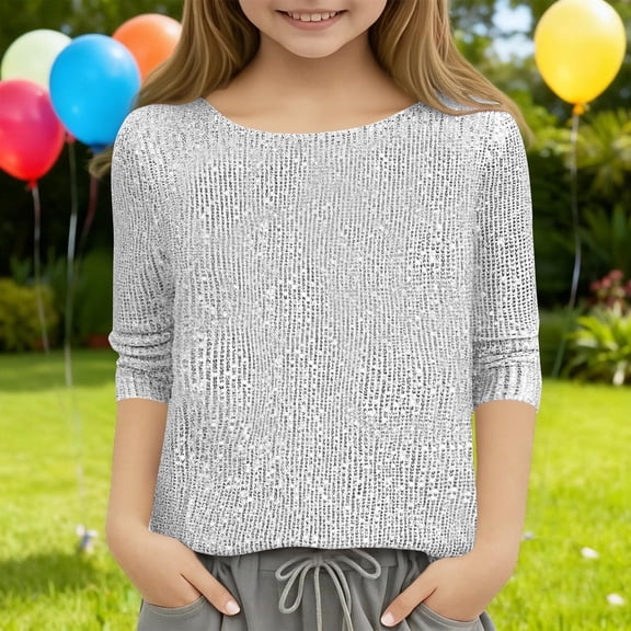 jobturf Party Tops for Girls Sparkly Sequin Crewneck Blouses Dressy Casual Going Out Top Fall Spring Fashion Long Sleeve Shirts Size 5-15 Years
