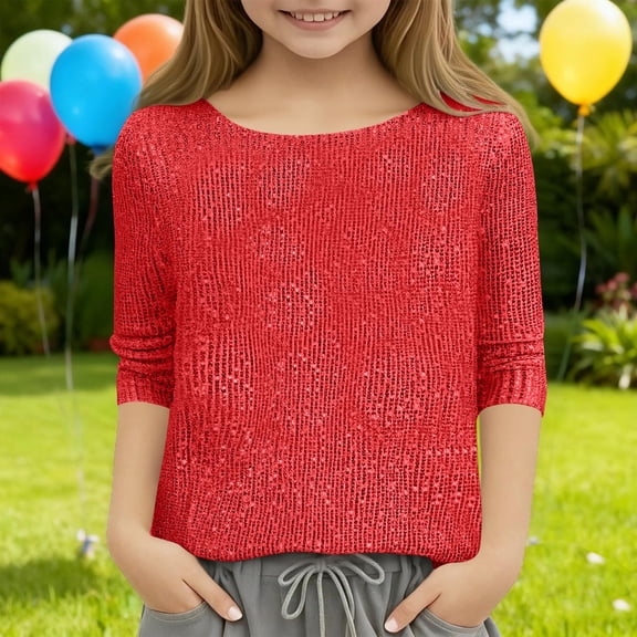 jobturf Party Tops for Girls Sparkly Sequin Crewneck Blouses Dressy Casual Going Out Top Fall Spring Fashion Long Sleeve Shirts Size 5-15 Years