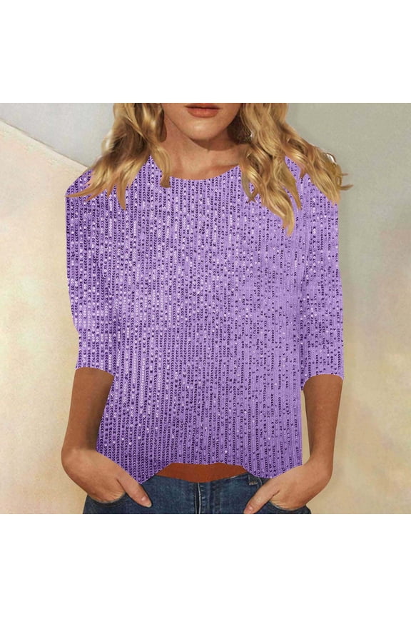 Party Tops for Women Sparkly Sequins Crew Neck 3/4 Sleeve T Shirts Fall Spring Fashion Pullover Dressy Casual Holiday Blouses
