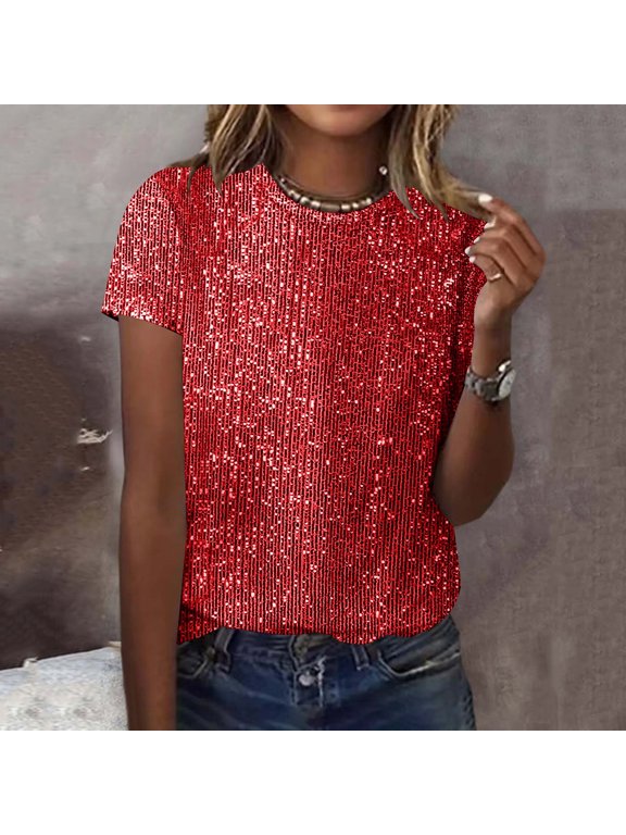 Party Tops for Women Sparkly Sequins Short Sleeve Shirts Summer Fashion Crew Neck Basic Tees Holiday Club Night Dressy Casual Blouses