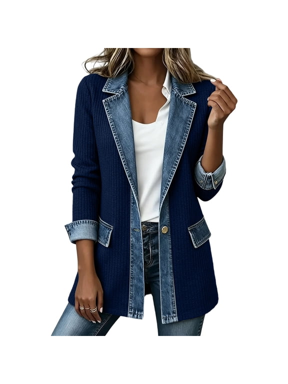 Patchwork Faux Denim Jacket Women Ribbed Knit Notch Lapel Casual Jackets Fall One Button Down Long Sleeve Outerwear S-2XL