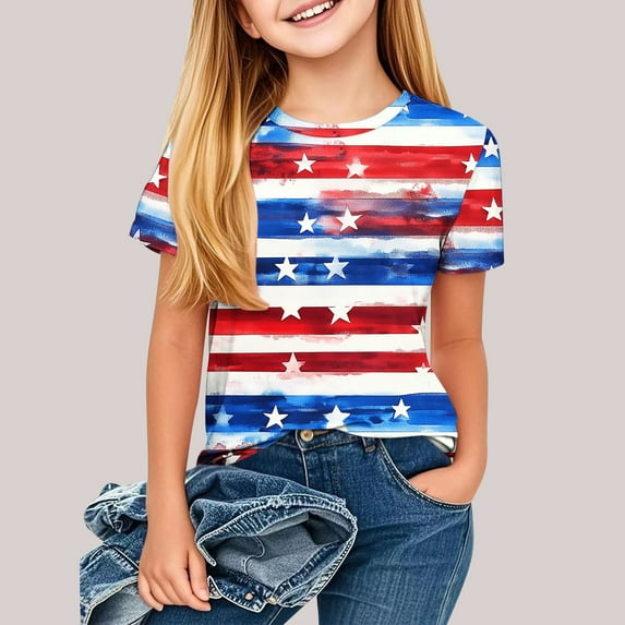 jobturf Patriotic Shirts for Girls 4th of July Cute Graphic Tees Short Sleeve Summer Tops Party Festival Outfits Size 3-14 Years