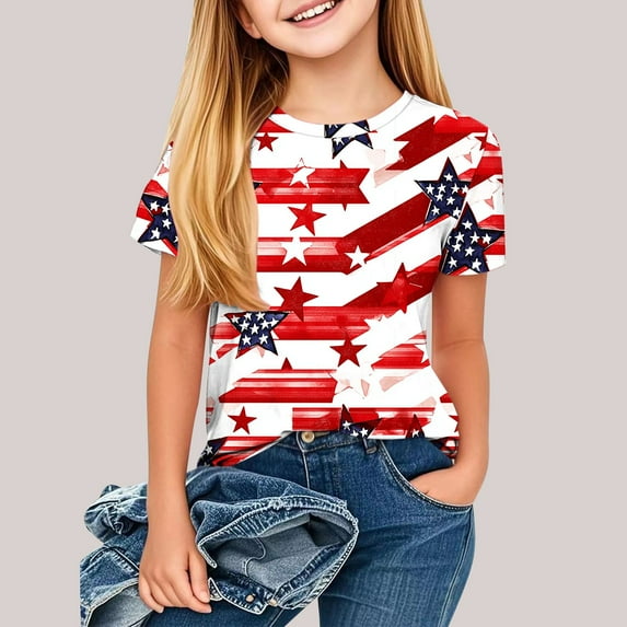 jobturf Patriotic Shirts for Girls 4th of July Cute Graphic Tees Short Sleeve Summer Tops Party Festival Outfits Size 3-14 Years