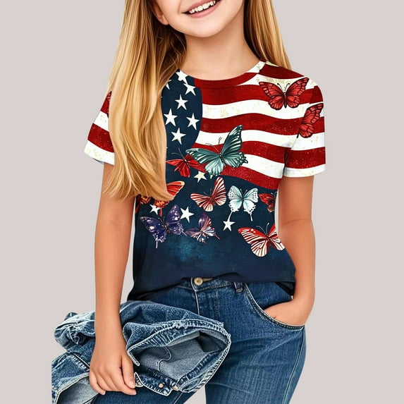 jobturf Patriotic Shirts for Girls 4th of July Cute Graphic Tees Short Sleeve Summer Tops Party Festival Outfits Size 3-14 Years
