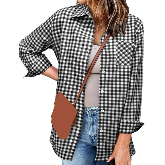 jobturf Plaid Button Down Shirts for Women Classic Long Sleeve Shirt Collared Casual Tops Lightweight Autumn Blouses with Chest Pocket