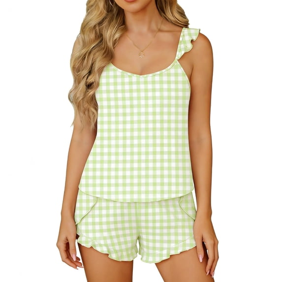 jobturf Plaid Pajamas for Women 2 Piece Sets Cute Ruffle Sleeve Lounge Set Scoop Neck Tank Top and Shorts Matching Pj Outfits S-XXL