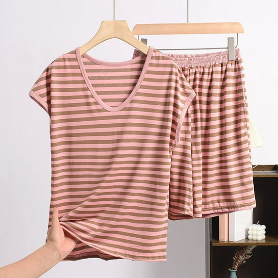 jobturf Plus Size Pajamas for Women Set Casual Loose Lightweight Lounge Sets Striped Short Sleeve Shirts and Shorts Matching Pjs 2 Piece Outfits