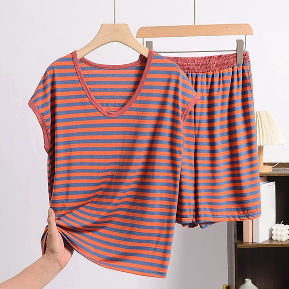 jobturf Plus Size Pajamas for Women Set Casual Loose Lightweight Lounge Sets Striped Short Sleeve Shirts and Shorts Matching Pjs 2 Piece Outfits