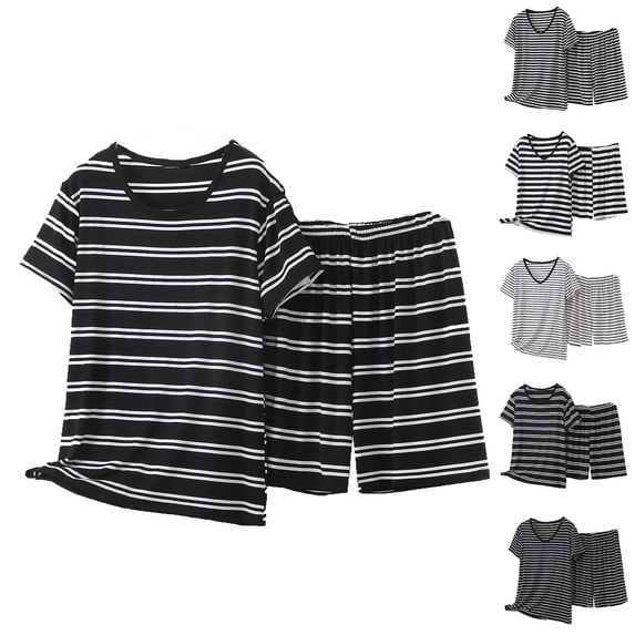 jobturf Plus Size Pajamas for Women Set Loose Fit Striped Lounge Sets Short Sleeve Shirts and Summer Shorts Matching Pj 2 Piece Outfits S-5XL
