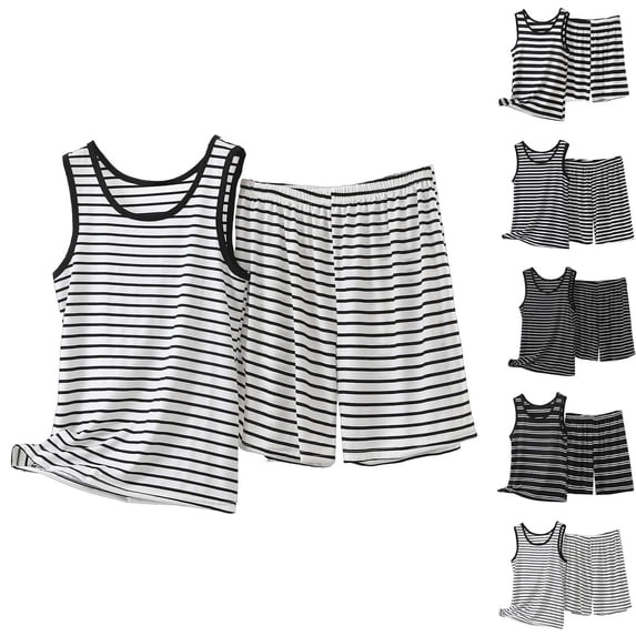 jobturf Plus Size Pajamas for Women Set Loose Fit Striped Lounge Sets Tank Top and Summer Shorts Matching Pj 2 Piece Outfits S-5XL