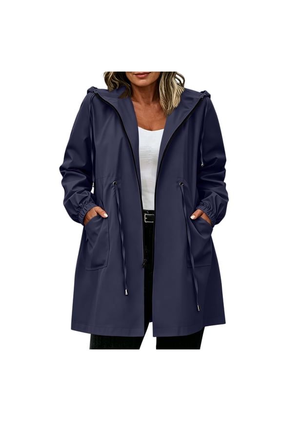 Plus Size Rain Jacket Women Waterproof Drawstring Windbreaker Jackets Lightweight Long Sleeve Raincoat with Hood and Pockets L-5XL