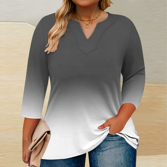 jobturf Plus Size Tops for Women Trendy Gradient 3/4 Length Sleeve V Neck T Shirts Spring Beach Vacation Basic Tees Casual Loose Blouses L-5XL