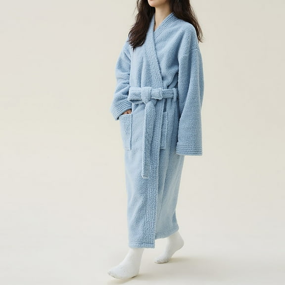 jobturf Plush Robes for Women Long Sleeve Bathrobe Warm Fleece Shawl Collar Soft Spa Robe Comfy Breathable Long Sleepwear with Pockets
