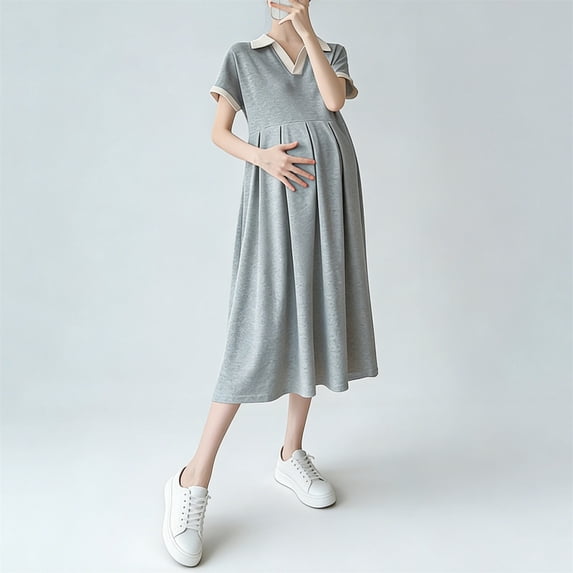 jobturf Pregnancy Dress for Women Cute V Neck A Line Midi Dresses Casual Loose Short Sleeve Nightgown Summer Maternity Clothes M-XXL