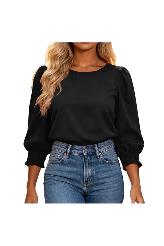Puff 3/4 Sleeve Blouses for Women Trendy Smocked Cuff Ruffle T-Shirts Loose Fit Crewneck Ladies Tops Office Dressy Casual Blouse