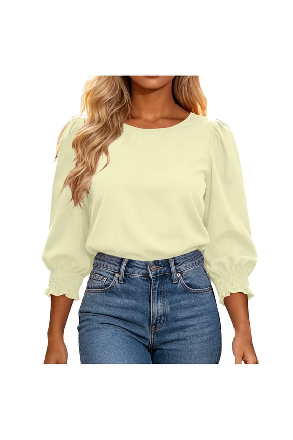 Puff 3/4 Sleeve Blouses for Women Trendy Smocked Cuff Ruffle T-Shirts Loose Fit Crewneck Ladies Tops Office Dressy Casual Blouse