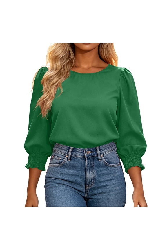Puff 3/4 Sleeve Blouses for Women Trendy Smocked Cuff Ruffle T-Shirts Loose Fit Crewneck Ladies Tops Office Dressy Casual Blouse