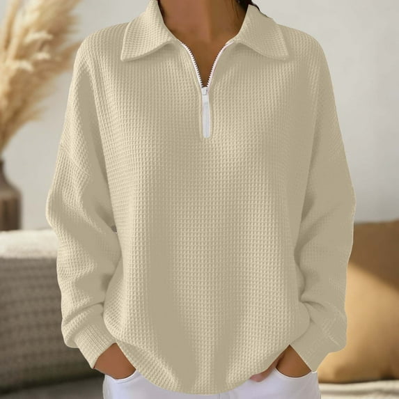 jobturf Quarter Zip Pullover Women Spring Fashion Collared Waffle Knit Tops Casual Loose Long Sleeve Shirts Athletic Workout Sweatshirts